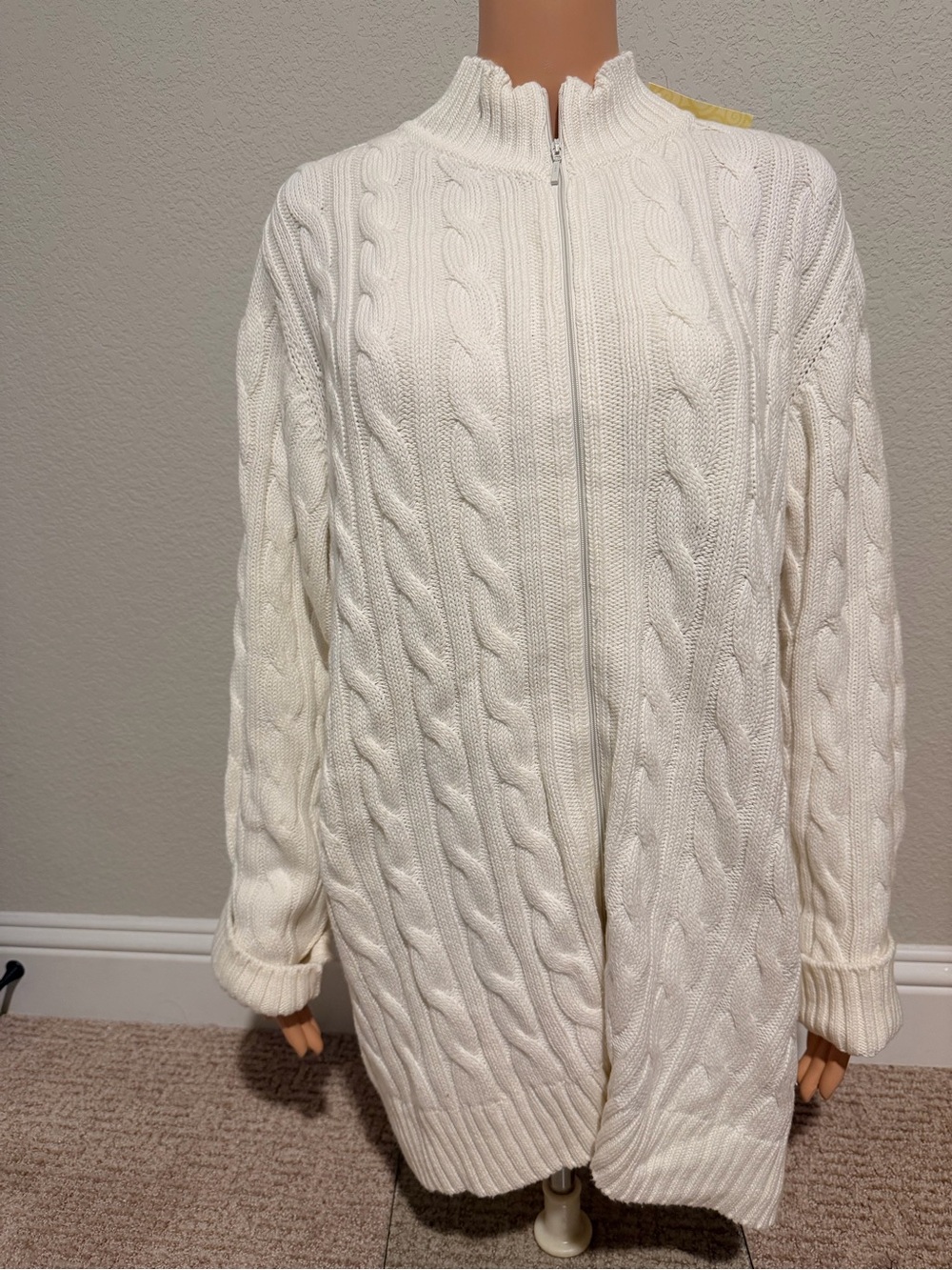 Denim&Co White Cable Knit Zip-Front Sweater Cardigan